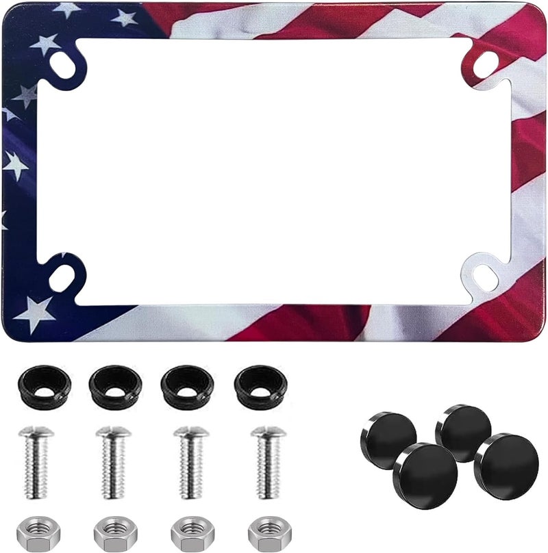 LIN KANG Motorcycle American Flag License Plate Frame - 4 Holes Stainless Steel Matte Stripe US Flag Gloss Patriotic License Plate Frame Holder Covers for Motorcycle - Image 1